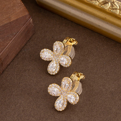 Cute Elegant Zirconia Clover Clip-On Earrings For Women