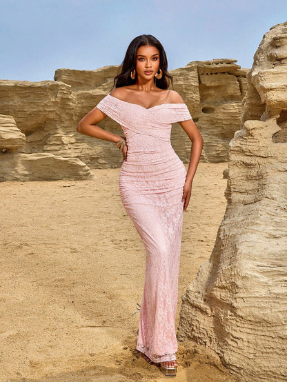 Elegant Off-Shoulder Lace Maxi Evening Dress