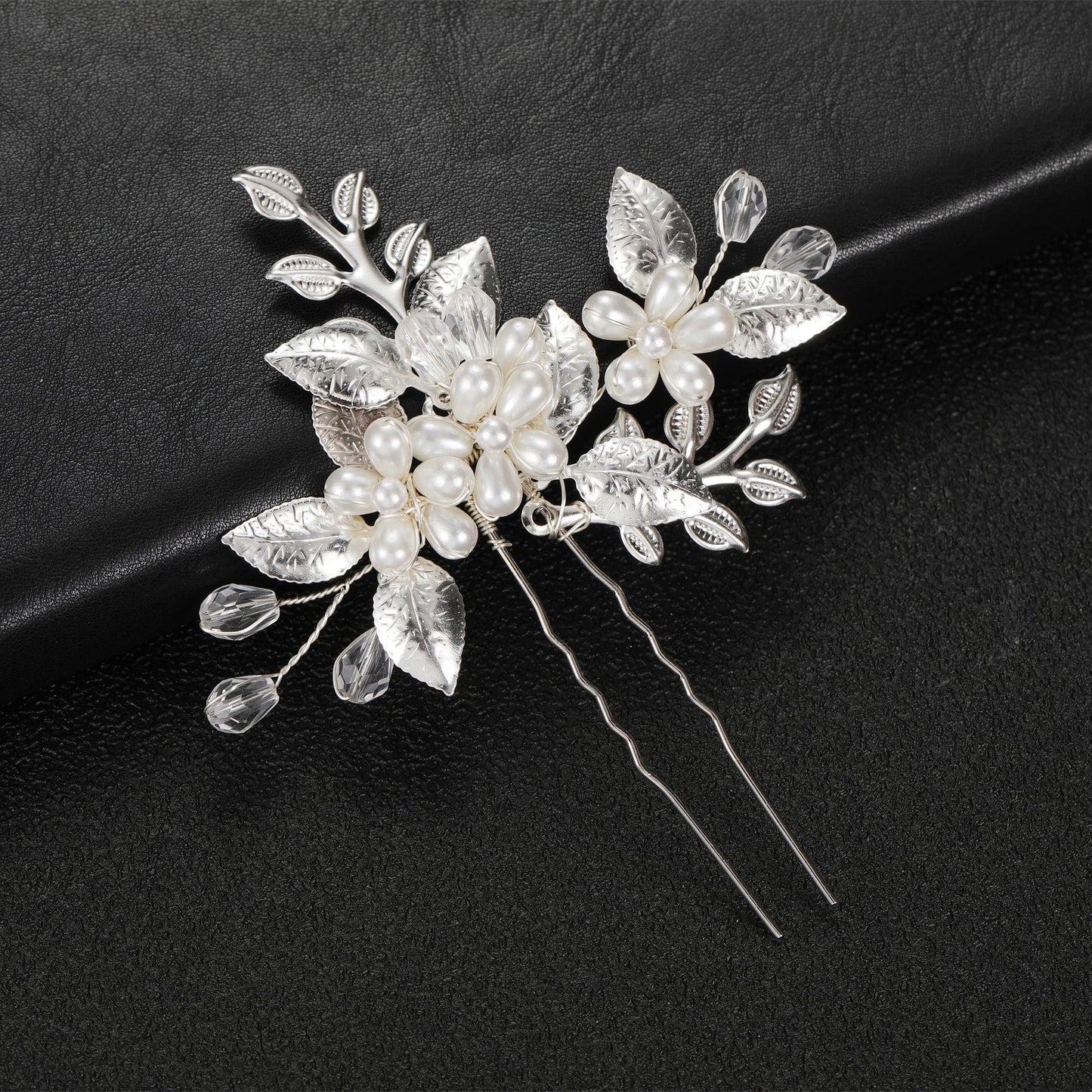 Silver Leaf Handmade Pearl Crystal U-Shaped Hairpin Wedding Hair Accessory