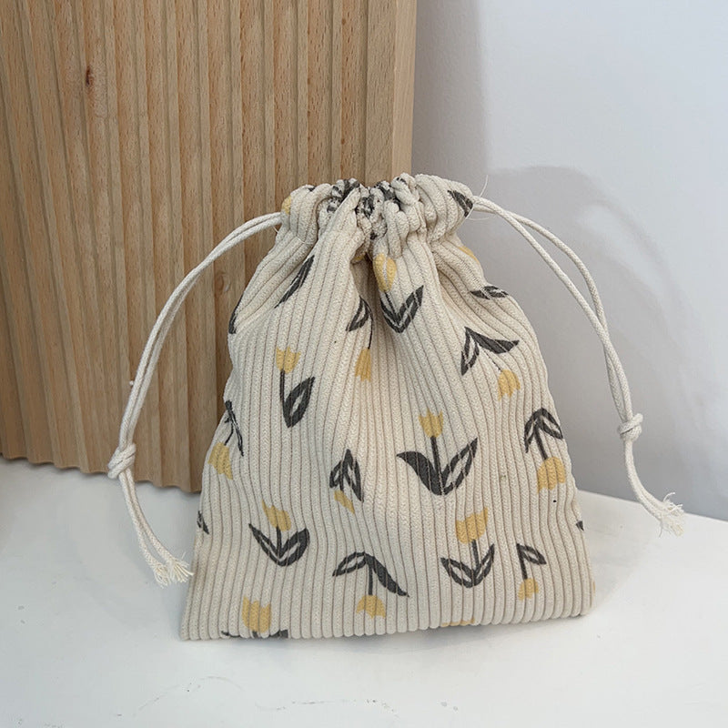 Mini Drawstring Corduroy Canvas Bag Portable Floral Storage Pouch