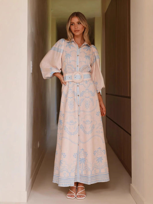 Loose-Fit Linen Puff Sleeve Dress with Waist Belt