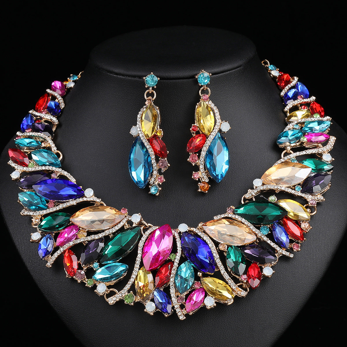 Exaggerated Crystal Earrings and Necklace Set for Weddings and Parties