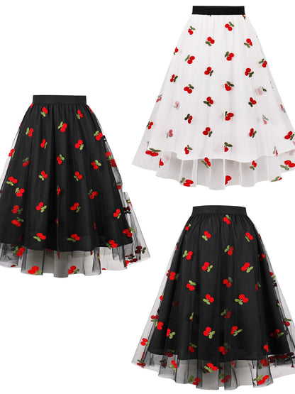 Plus Size High Waist A-Line Skirt with Cherry Embroidery
