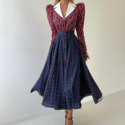 Color Block French Design A-Line Dress Elegant Floral Long Sleeve