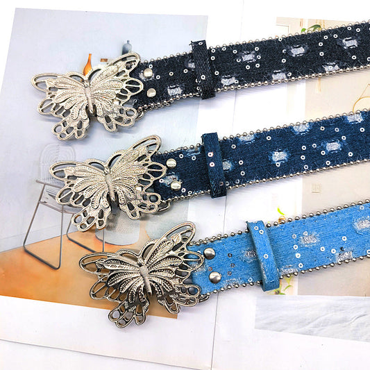 Butterfly Rhinestone Sequin Distressed Belt