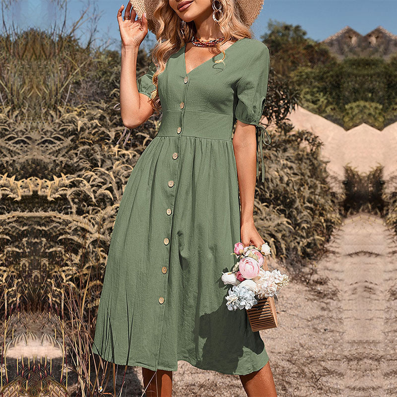 Summer New Women'S Midi Skirt Short Sleeve V-Neck Solid Color Dress