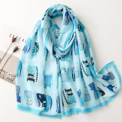 Spring And Autumn Sunscreen Cute Cat Paradise Printed Silk Scarf Satin Cotton Long Scarf
