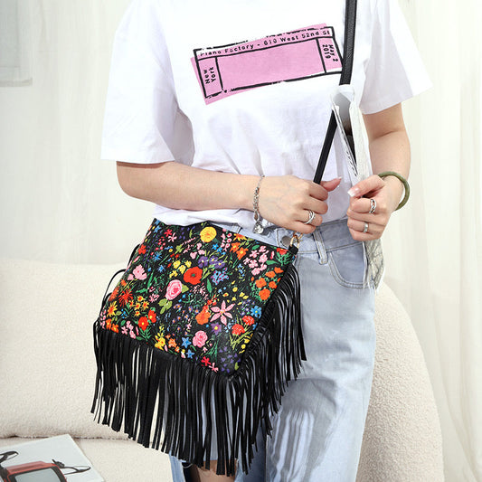 Fashionable And Personalized Printed Tassel Bag, One Shoulder Crossbody Bag, Rose Large Bag, Women'S Bag
