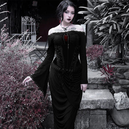 Off-Shoulder Bodycon Dress with Lace Trimming and Flare Sleeves