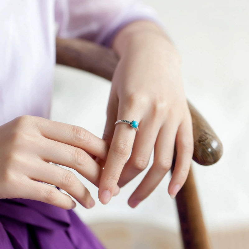 Retro-Styled S925 Silver Exquisite Ring Female Opening Carved National Turquoise Tide Jewelry