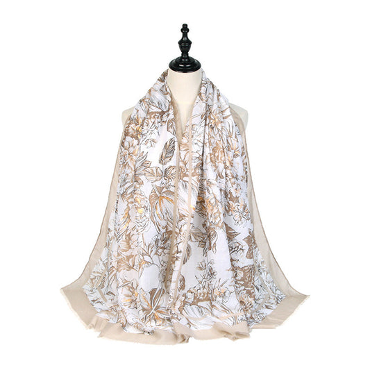 Autumn And Winter New Satin Printing Spring Orchid Autumn Chrysanthemum Outdoor Ladies Warm Shawl Scarf
