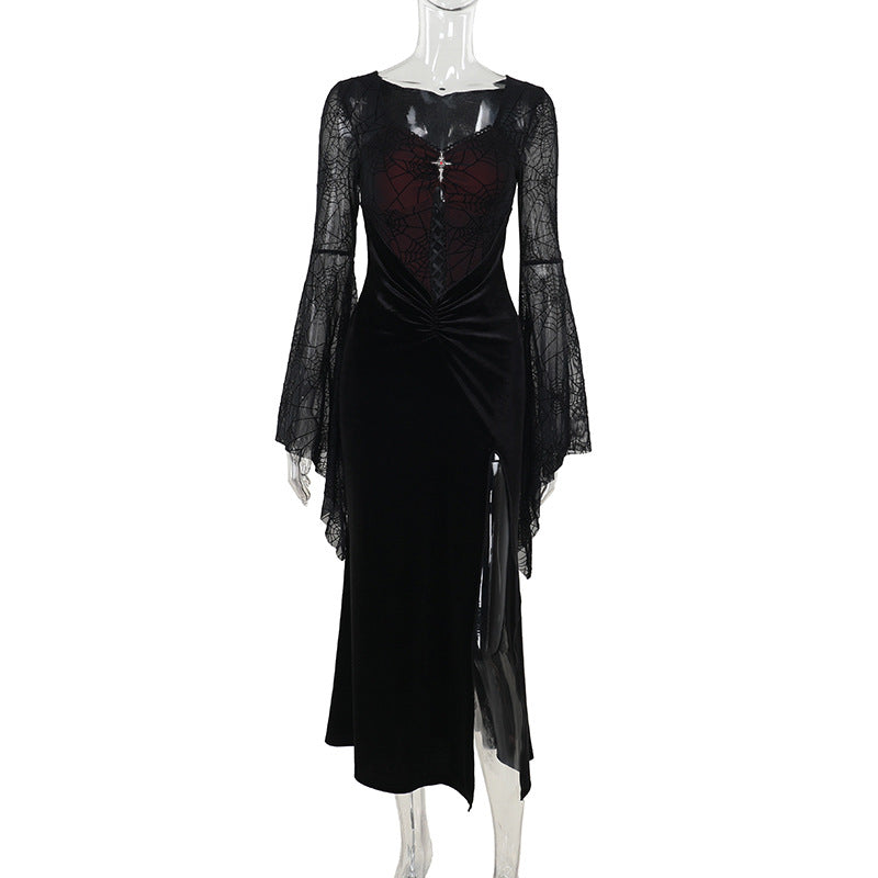 Halloween Elegant Sexy Split Velvet Dress with Bell Sleeves