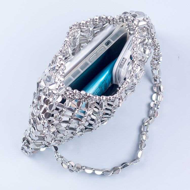 Beaded Woven Shoulder Tote Bag