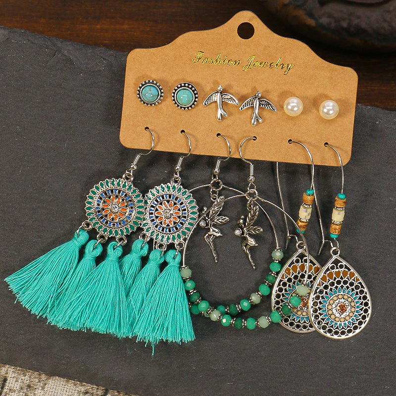 Geometric Alloy Tassel Earrings Set Vintage Style for Women