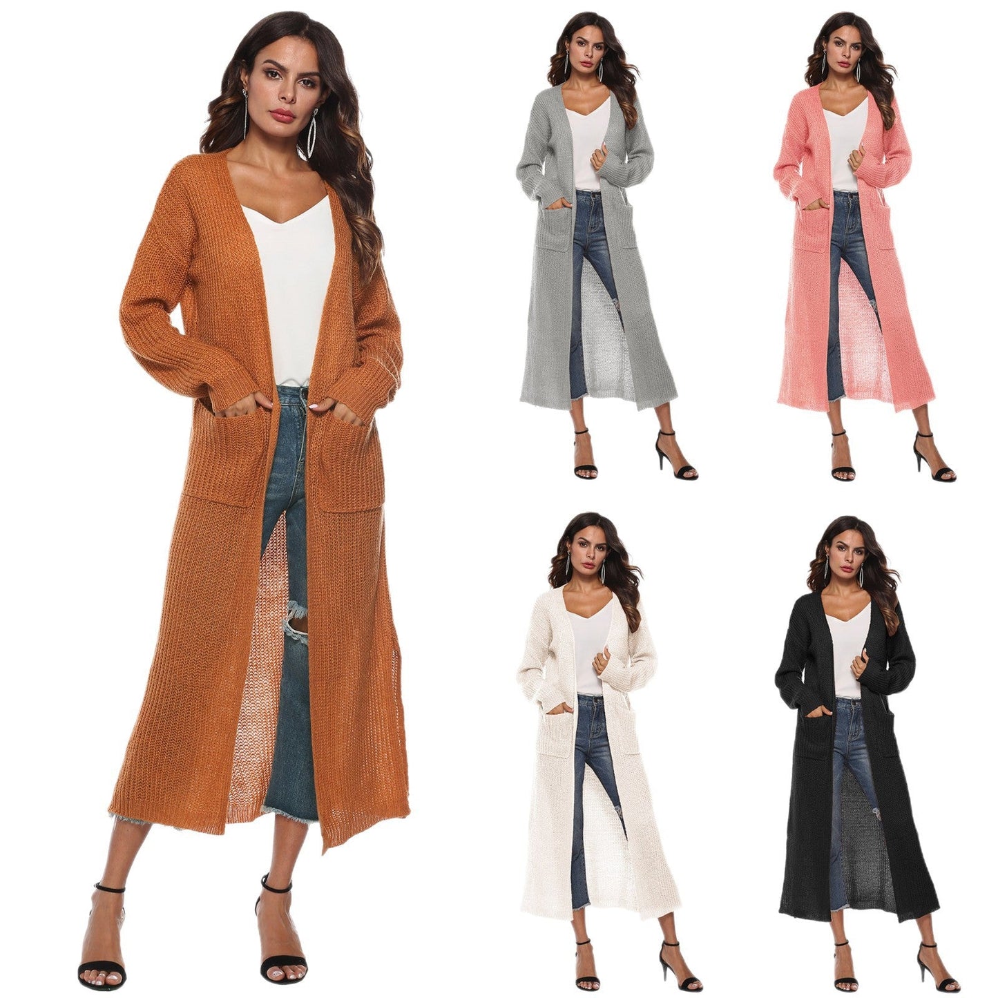 Long Cardigan Sweater With Pockets In Various Colors