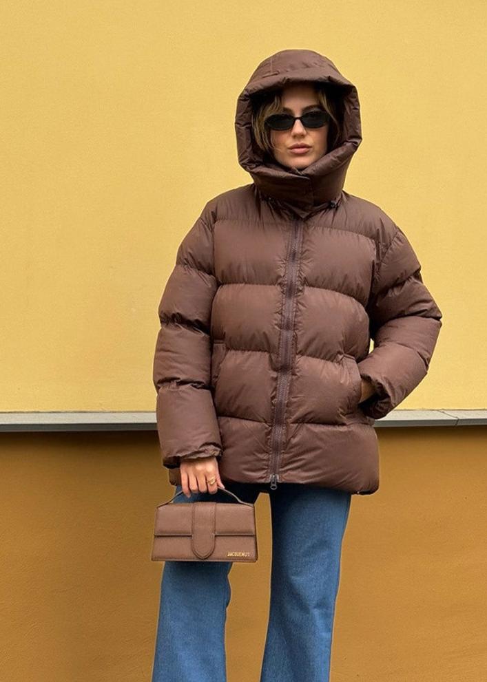 Chocolate Brown Hooded Quilted Puffer Jacket