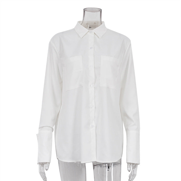 Chic White Long Sleeve Shirt with Double Pockets