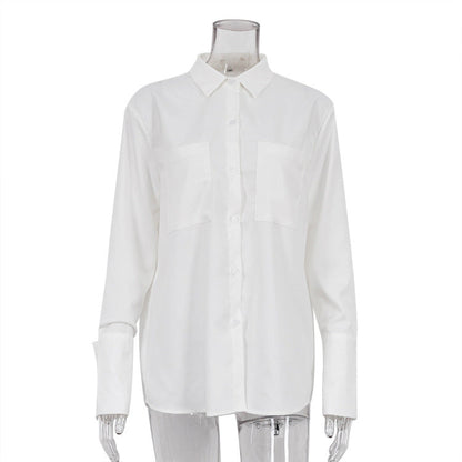 Chic White Long Sleeve Shirt with Double Pockets