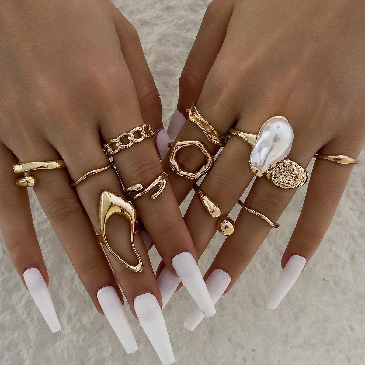 Irregular Pearl Ring Set Trendy Gold Retro Geometric Statement Rings