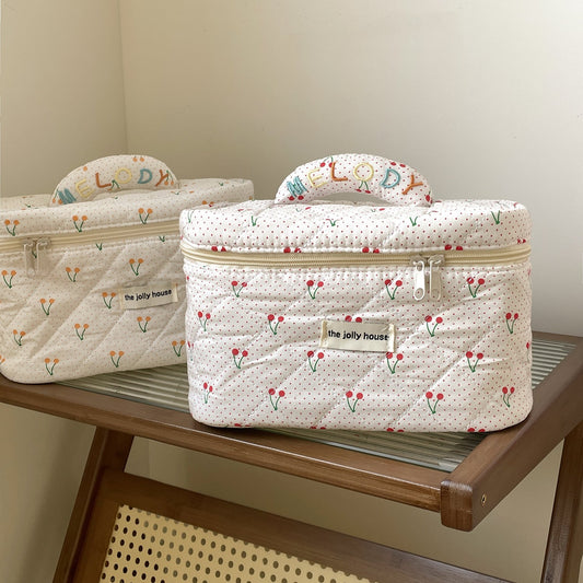 Cute Polka Dots Cherry Print Travel Makeup Bag