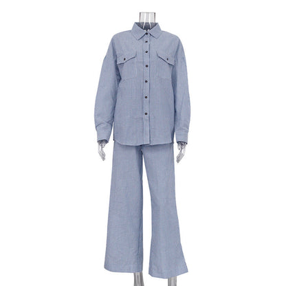Blue Striped Collar Shirt & Loose Pants Set