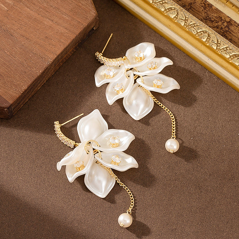 Floral Pearl Tassel Earrings With Zirconia Accents