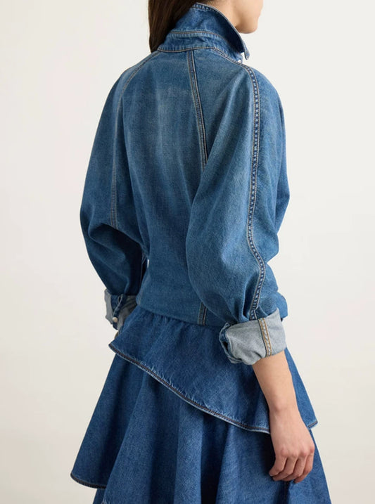 Trendy Denim Two-Piece Set With Asymmetrical Ruffled Skirt