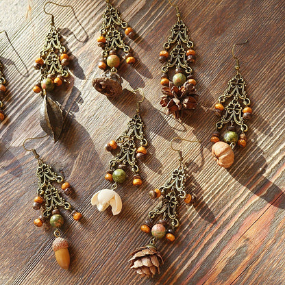 Vintage-Inspired Bohemian Hollow Bead Earrings with Natural Dried Fruits