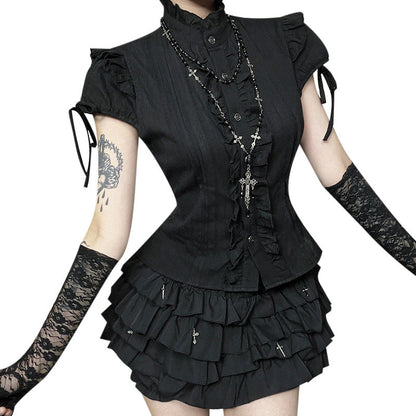 Collared Short Sleeve Textured Shirt Black Casual Streetwear