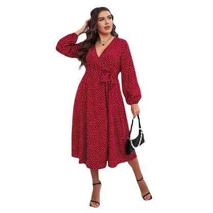 Red Polka Dot Maxi Dress Elegant Plus Size Long Sleeve