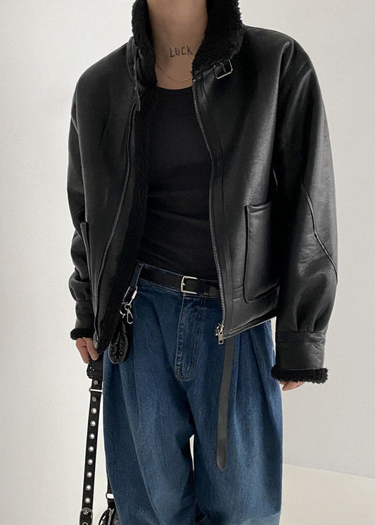 Faux Leather Aviator Jacket With Shearling Collar