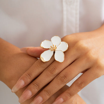 Exaggerated Floral Metal Open Ring With Dripping Oil Design
