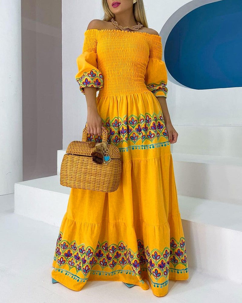 High Waist Temperament Commuter Suspender Loose Yellow Ethnic Print Dress