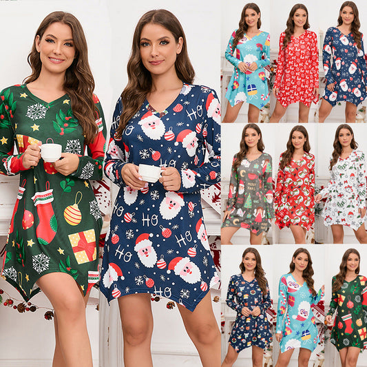 Women'S V-Neck Slim Fitting Irregular Christmas Dress Short Mini Dress