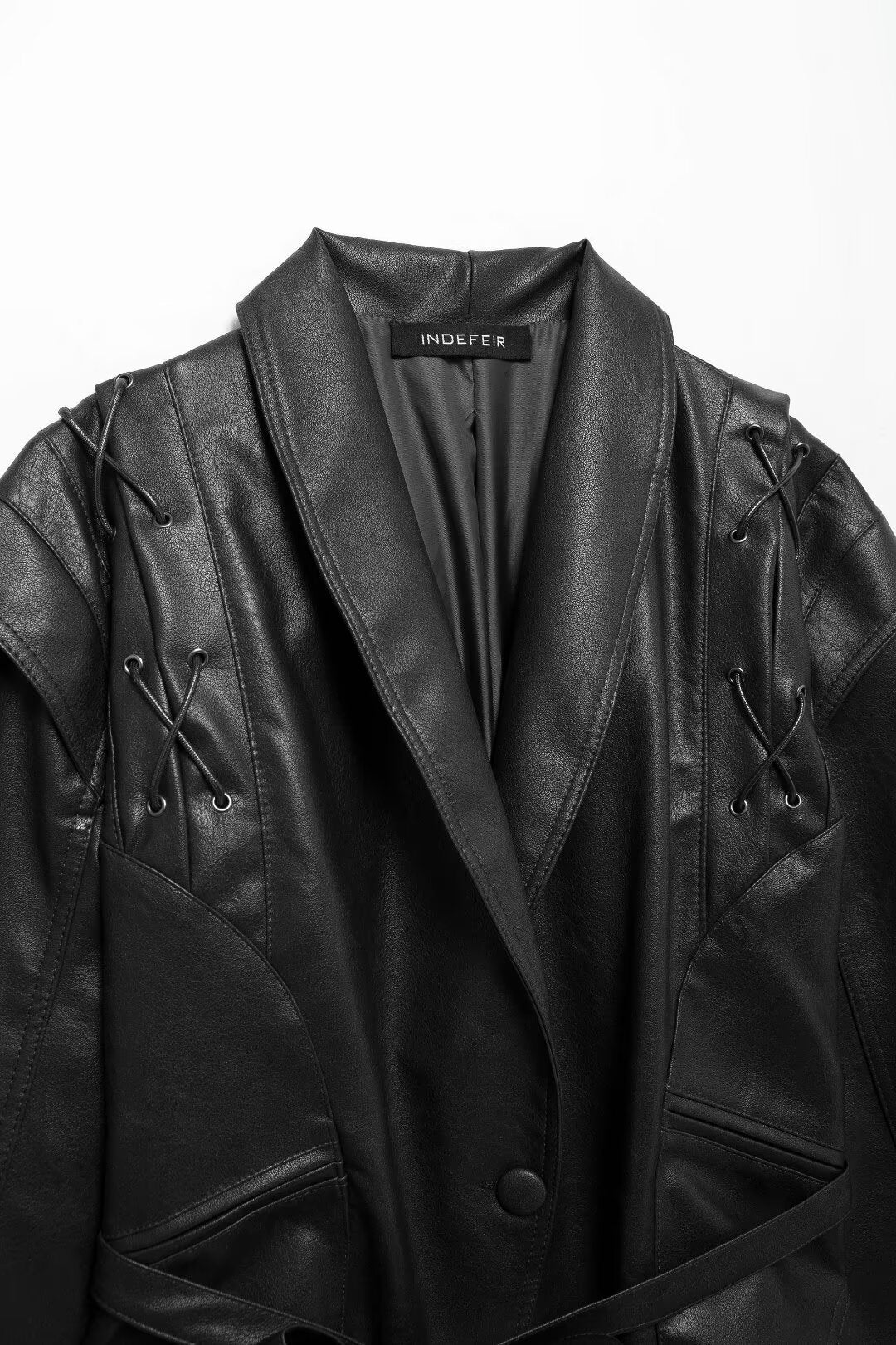 Cool Lapel Drawstring Belt Leather Jacket