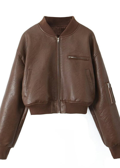 Cropped Faux Leather Bomber Jacket Brown Vintage Edge