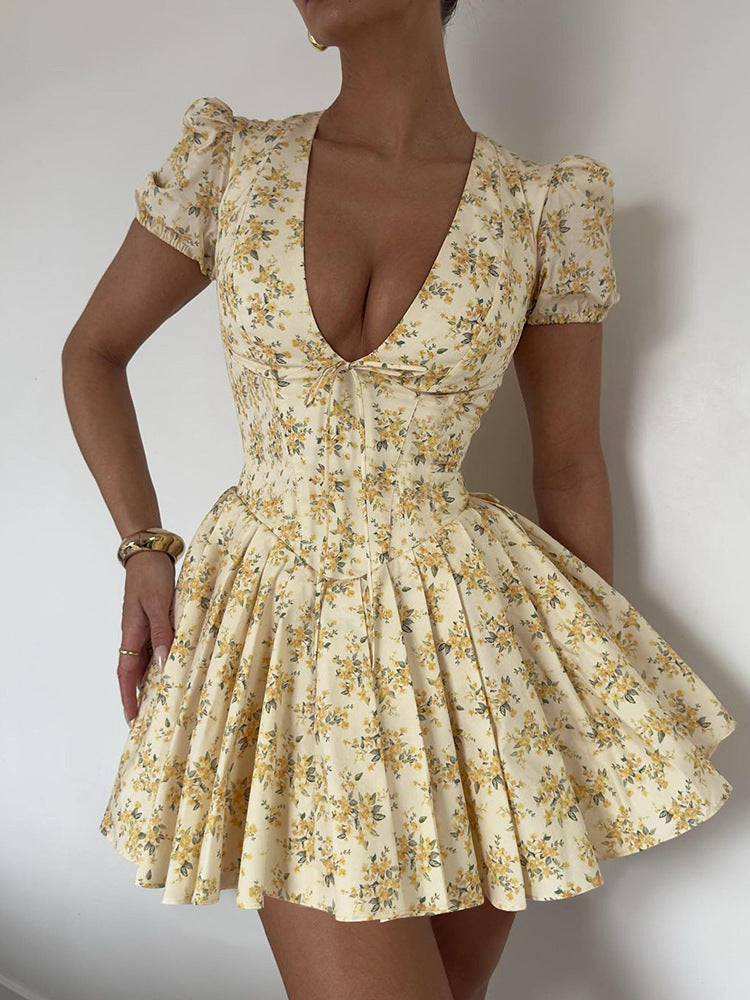 Summer Floral Pleated Midi Dress with Deep V-Neck