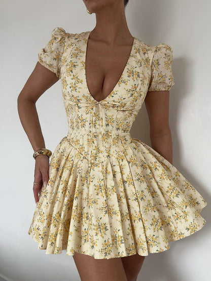 Summer Floral Pleated Midi Dress with Deep V-Neck