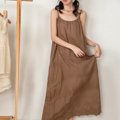 Solid Color Dress Embroidered Loose Waist Suspender Bottom Cotton Linen Maxi Skirt