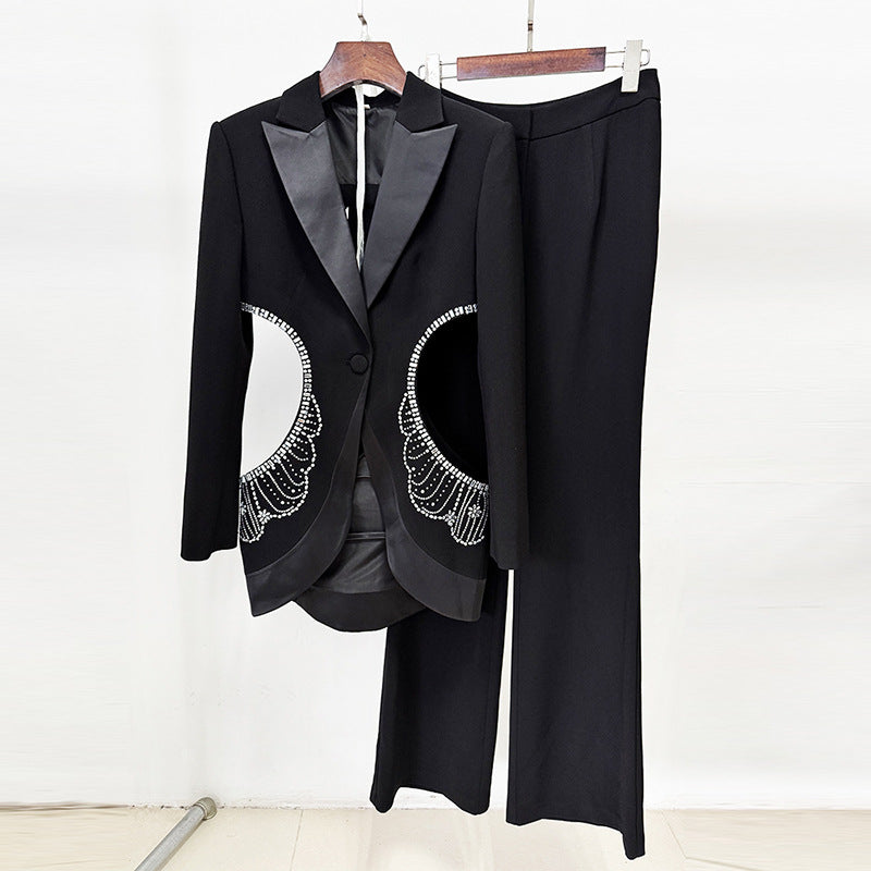 Hollow Rhinestone Blazer and Long Pants Set