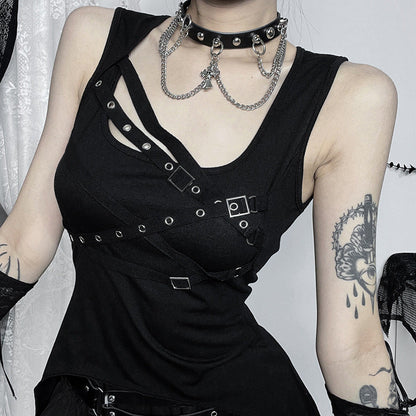 Trendy Black Irregular Eyelet Tank Top for Street Style