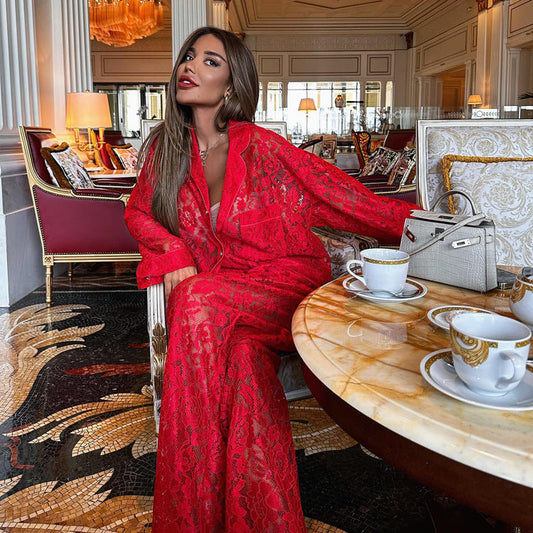 Sheer Lace Two-Piece Set Women's Fashionable Long-Sleeve Shirt and Pants