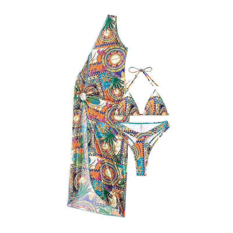 3PCS Sexy Print Halter Mesh Bikini Swimwear