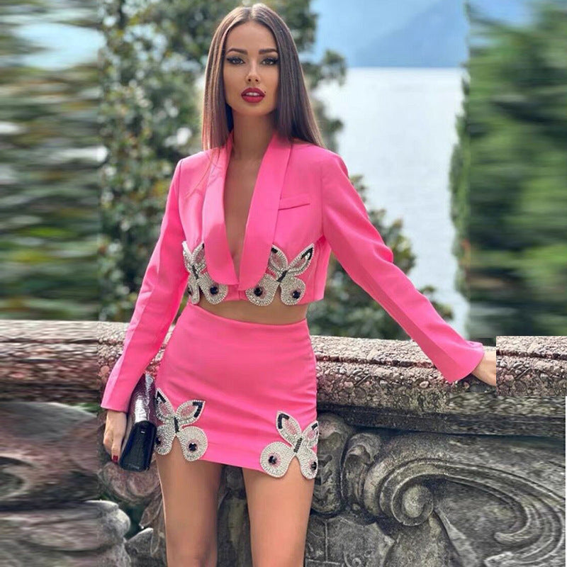 Beaded Butterfly Short Suit Skirt Set