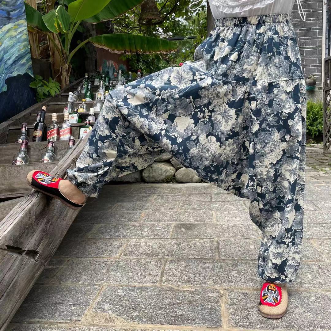 Ethnic Style Summer Men'S And Women'S Same Large Crotch Pants Cotton And Linen Printed Casual Lantern Trousers