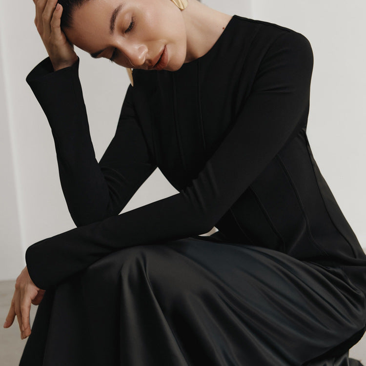 Elegant Black A-Line Maxi Dress With Round Neck