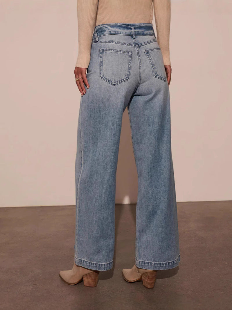 High-Waisted Belted Wash Denim Wide-Leg Pants
