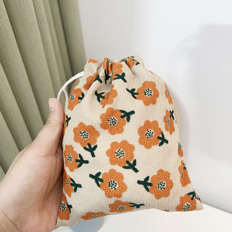 Mini Drawstring Corduroy Canvas Bag Portable Floral Storage Pouch