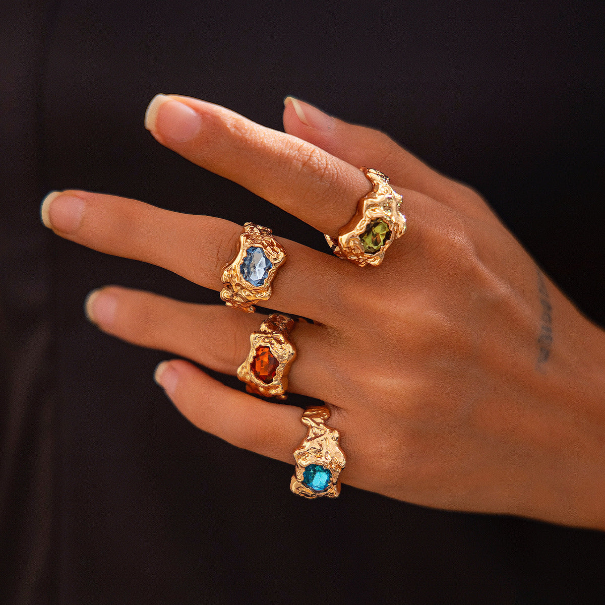 Geometric Gemstone Ring Set With Liquid Metal Finish For Women