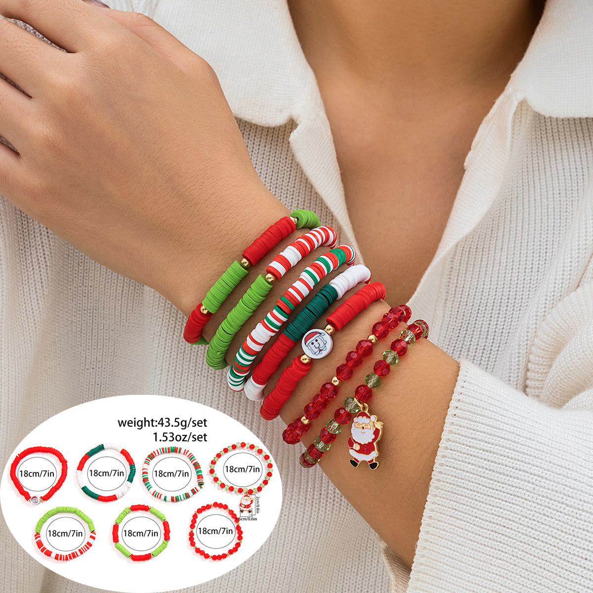 Christmas Themed Polymer Clay Bead Bracelet Set
